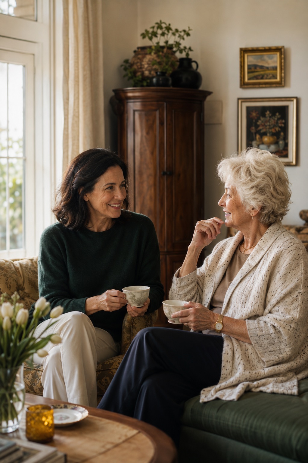 An adult daughter and her older mother sharing a moment at home